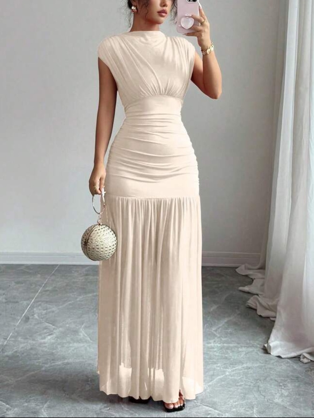 Elegant Cream Maxi Dress with Ruched Waist